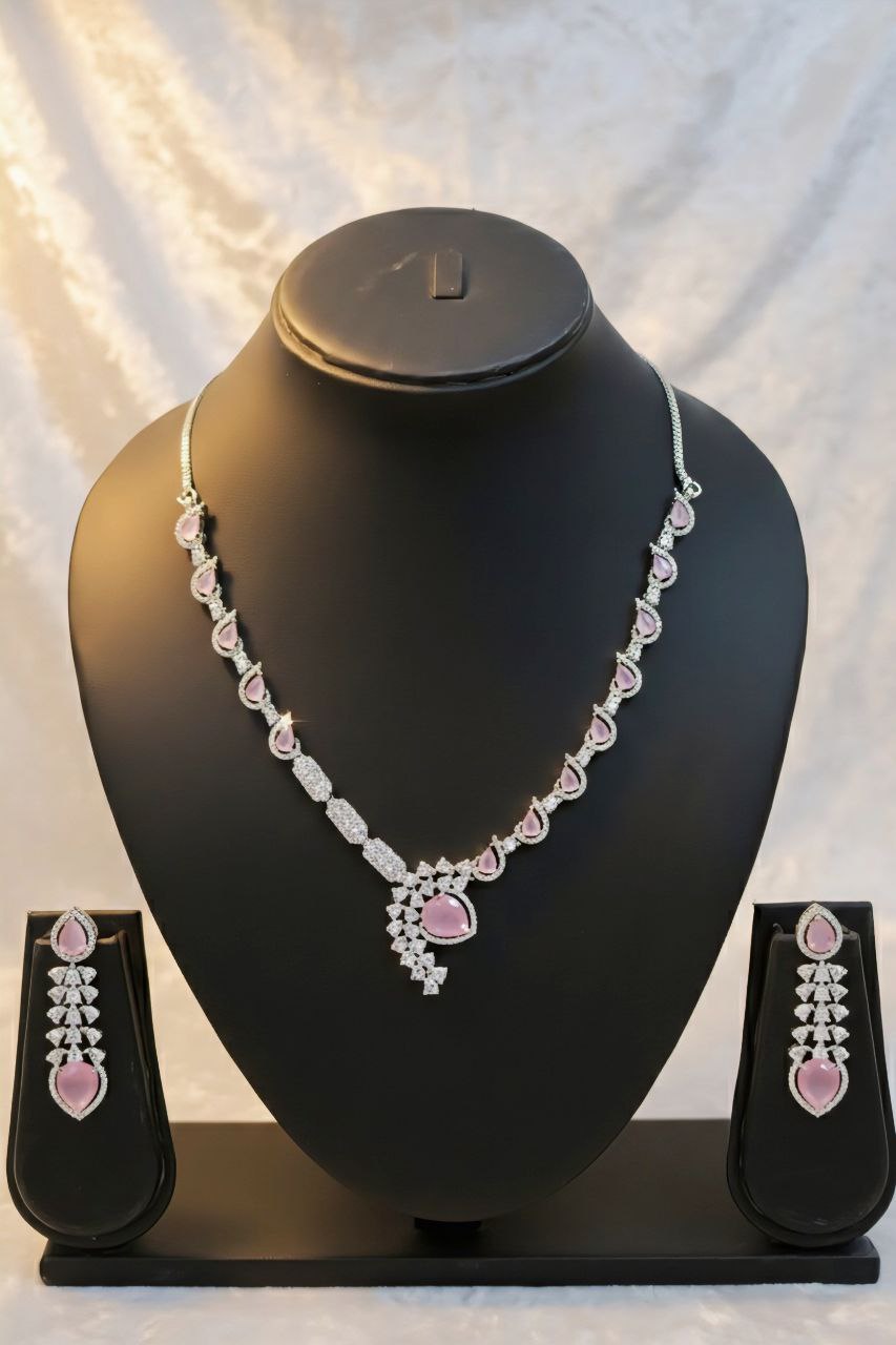 Rose Pink Pear-Cut Stone Necklace & Earring Set