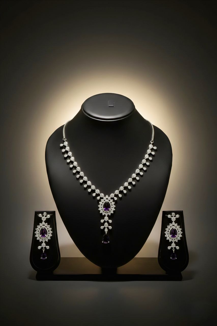 Pear-Cut purple & Diamond Floral Statement Set