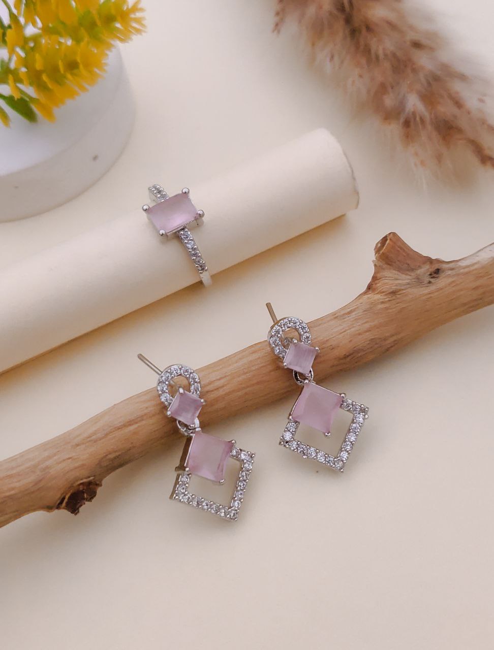 Pastel Green Squares Earring With Ring