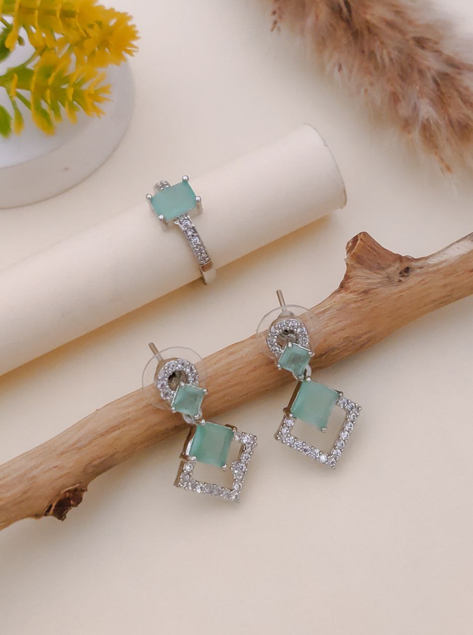 Pastel Pink Squaes Earring With Ring