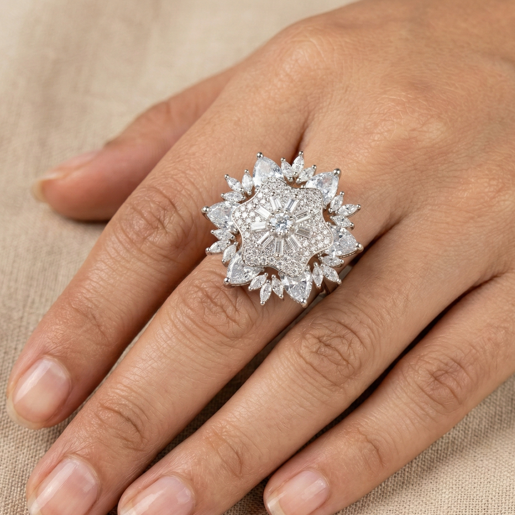 Frost-Petal Star Statement Ring